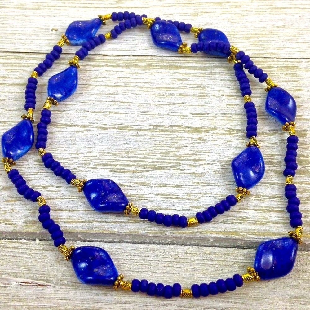 Long Blue Beaded Glass Necklace Gold Accents Handmade Infinity​​​​